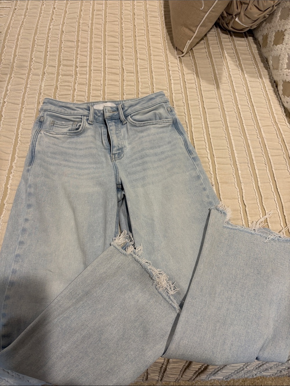 Light Blue Straight-Leg High-Rise Jeans with Raw Hem